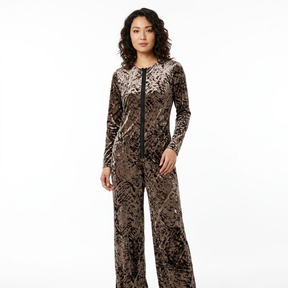 Bendigo Impressions Brown Velvet Long Sleeve Wide Leg Jumpsuit Women Size M